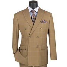 BIG  TALL Men's Beige Windowpane Double Breasted 6-Button Modern Suit NWT