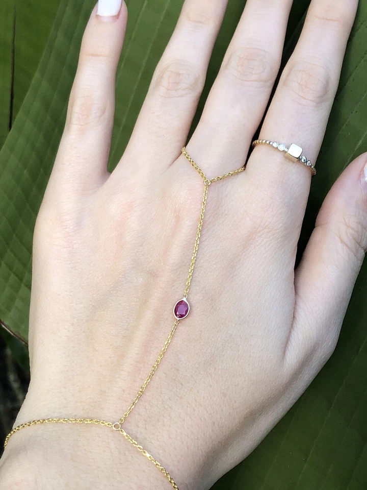 Stunning Oval Natural Ruby 14K Yellow Gold Hand Chain Slave Combo Ring Bracelet  - Image 4 of 4