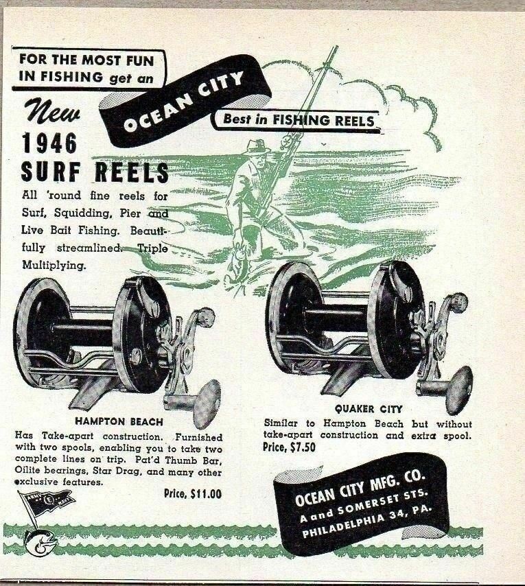 1946 Print Ad Ocean City Surf Fishing Reels Hampton Beach & Quaker City 
