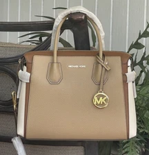 MICHAEL KORS MERCER MEDIUM ZIP BELTED SATCHEL SHOULDER BAG CAMEL CREAM LEATHER