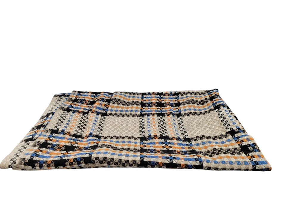 Vtg Jacquard Woven Fabric 45" X 10" Plaid Orange Black Blue White Tan Retro - Image 4 of 4