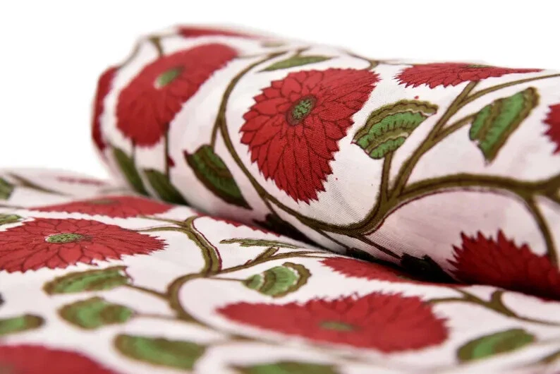Indian 100% Cotton Hand Block Natural Sanganeri Floral Print Fabric 25 Yard - Image 4 of 4