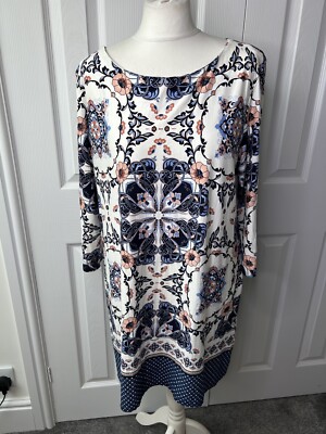 Wallis Large 12-14 Tunic Dress Soft Stretch Summer Long Sleeves
