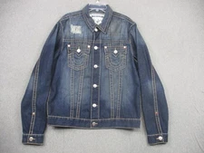 True Religion Denim Trucker Jacket Mens 2XL Blue Big T Stitching Distressed
