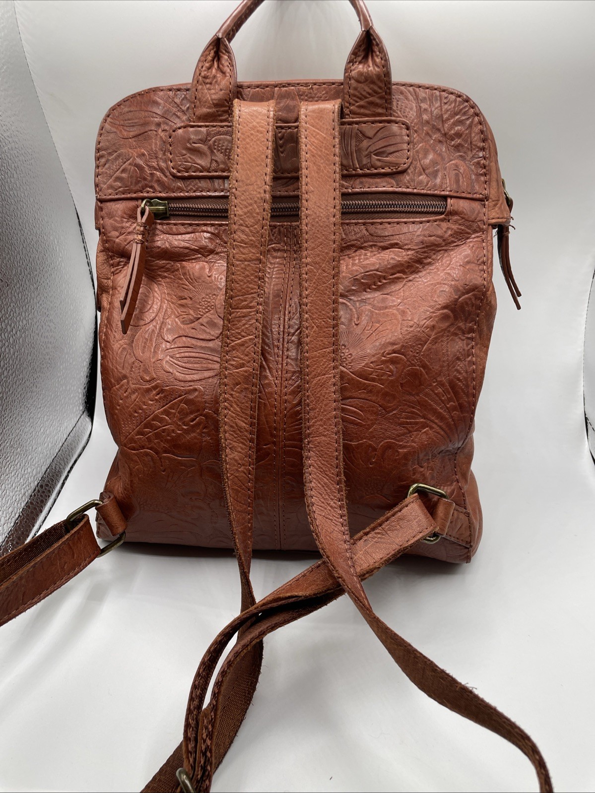 American Leather Co Brown Backpack Embossed Tooled Leather Backpack Purse