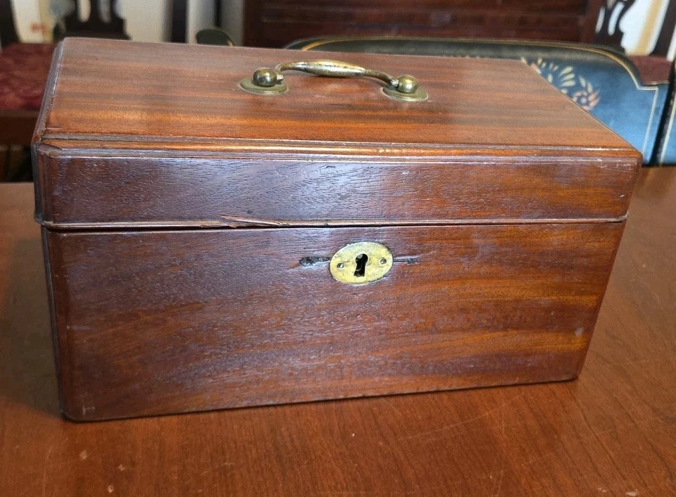 Antique Tea Caddy Box Mahogany & Tin Canisters Fitted 19th Century Brass Handle - Image 4 of 4