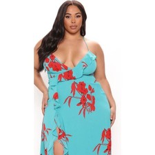 Fashion Nova Live for the Frill Maxi Dress in Teal/Combo - 2X