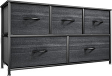 Stylish 5-Drawer Fabric Storage Tower with Sturdy Steel Frame - Black Wood Grain