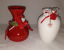 Enesco Vases - Red w/ Flowers & Hearts - White w/ Rose & Cutie Pie