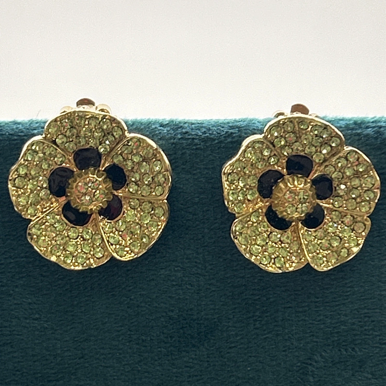 Boucle D’oreille vintage fantaisie Fleurs Doré Strass Vert Et Noir Clips