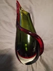 MCM Murano Style Sommerso Art Glass Vase Green Red Teardrop Swirled