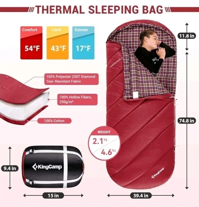 Saco de dormir KingCamp para adultos, clima frio e quente extra largo grande e alto... - Imagem 3 de 4
