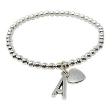Silver Bead Stretch Stackable Bracelet Heart and Initial Letter for Women Girls