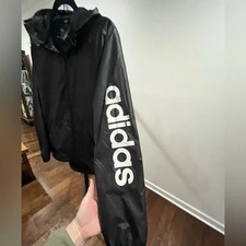 Adidas Black Hooded Windbreaker Lightweight Jacket White Logo Women  s Large