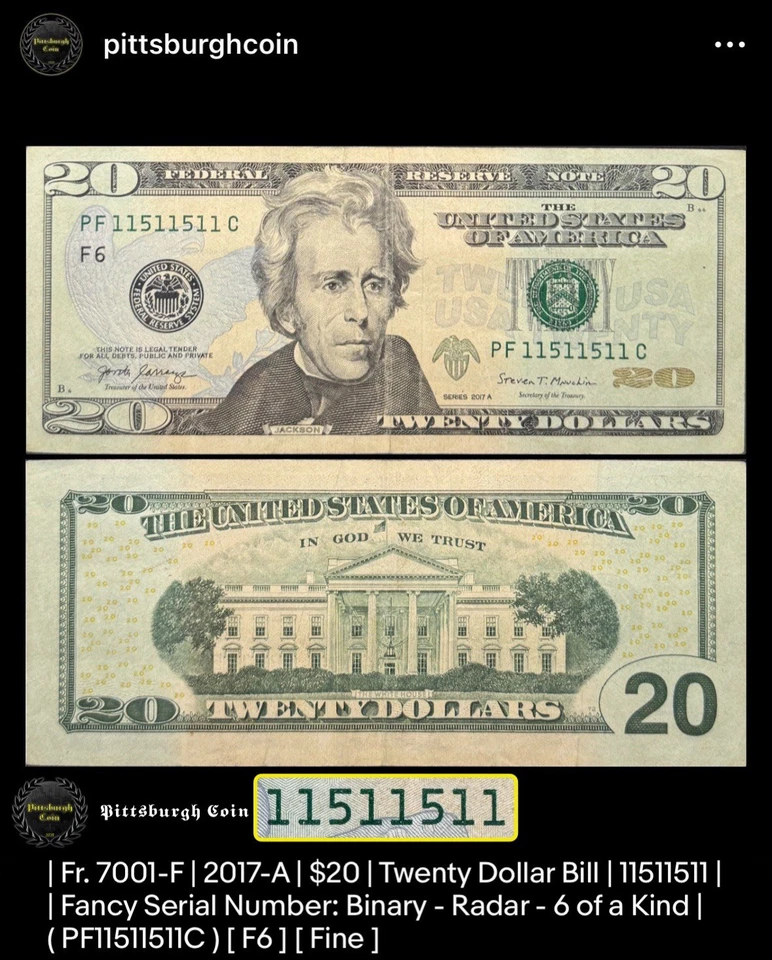 11511511 2017-A $20 Twenty Dollar Bill Binary Radar 6 of a Kind Palindrome Fancy - Image 2 of 2