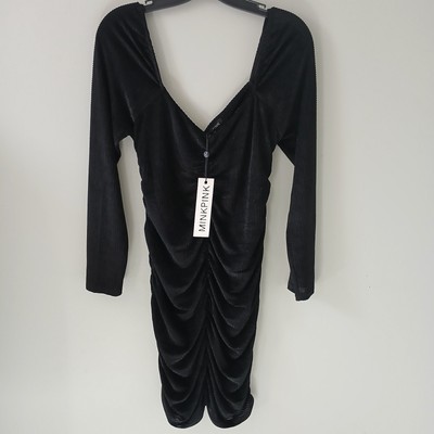MinkPink Dress Ruched Chaima Mini Dress Black Long Sleeve Size Large NWT