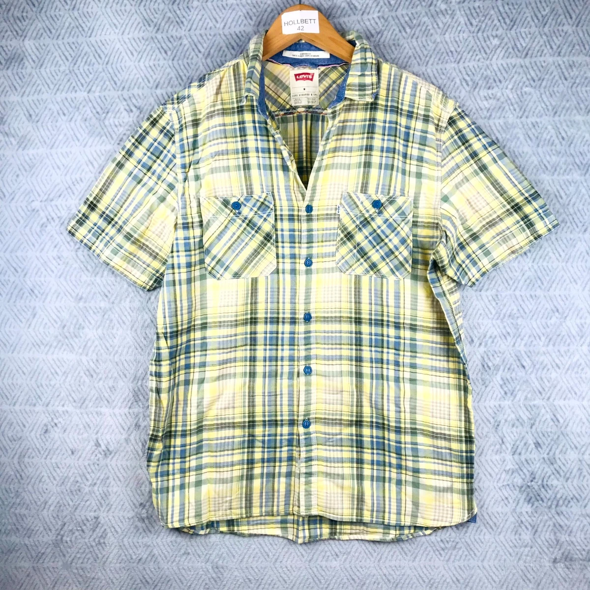 Chemise Homme CHAPS à Carreaux Bleu, Blanc, Noir – Taille M, Manches Courtes, Occasion Très Bon état