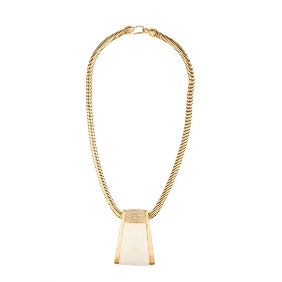 Rachel Zoe Designer Cream Enamel & Pave Crystal Pendant Gold Plated Necklace - Image 2 of 4