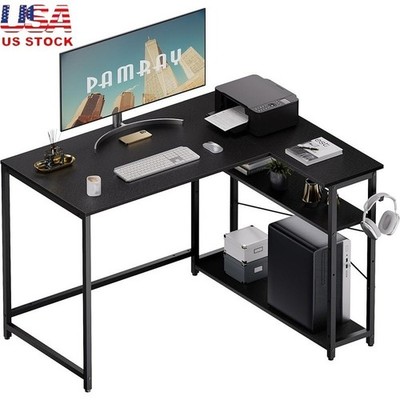 L Shaped Computer Desk W/ Adjustable Shelves Reversible Design Ample Storage New