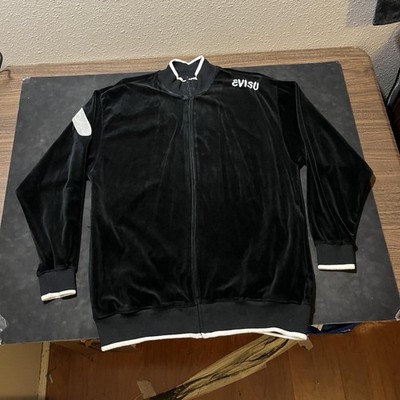Evisu Track Jacket Mens Large Black Velour Full Zip Embroidered Buddha Logo