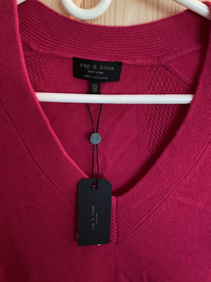 Suéter Rag & Bone Cashmere Cuello en V - XS Borde Naranja Magenta Nuevo con Etiquetas Foto 3 de 4
