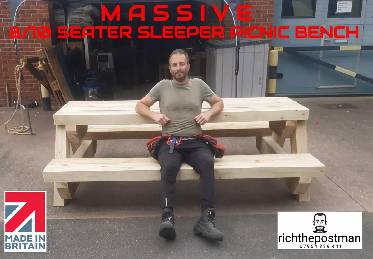 2.3m 8ft Rustic Solid Wooden Sleeper Outdoor Table and Benches