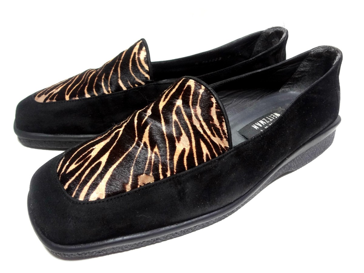 STUART WEITZMAN ANIMAL PRINT BLACK SUEDE LOAFERS WOMEN'S