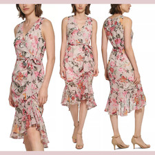 NWT Eliza J [ 12 ] Sleeveless Floral Ruched Chiffon Faux Wrap Dress Pink #U1186