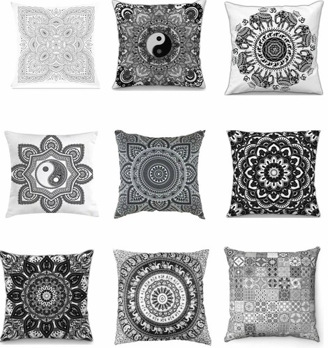 Black & White Indian Mandala Geometric Cushion Covers Boho Sofa Square 16" x 16" - Picture 2 of 20