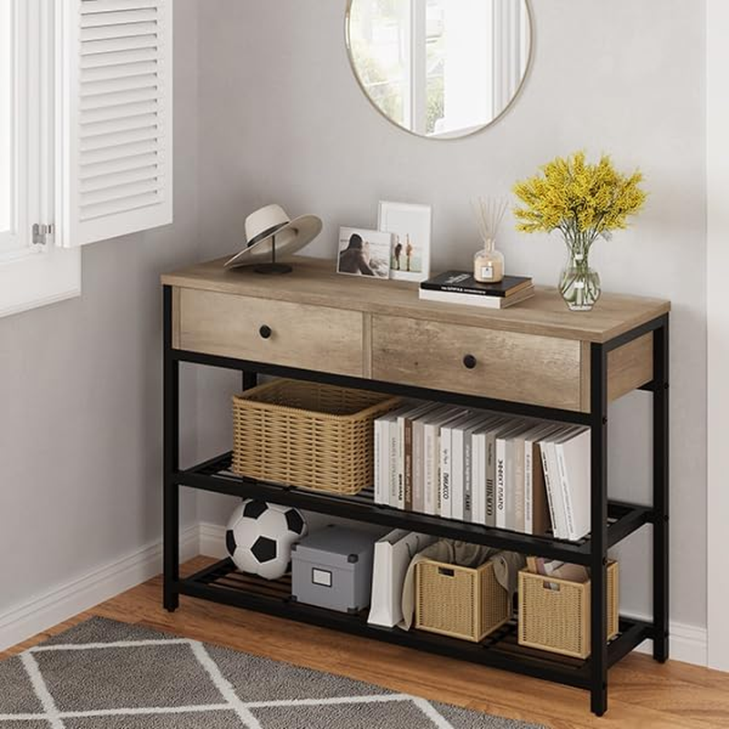 Elegant 2-Drawer Console Table with Metal Frame & Open Shelves