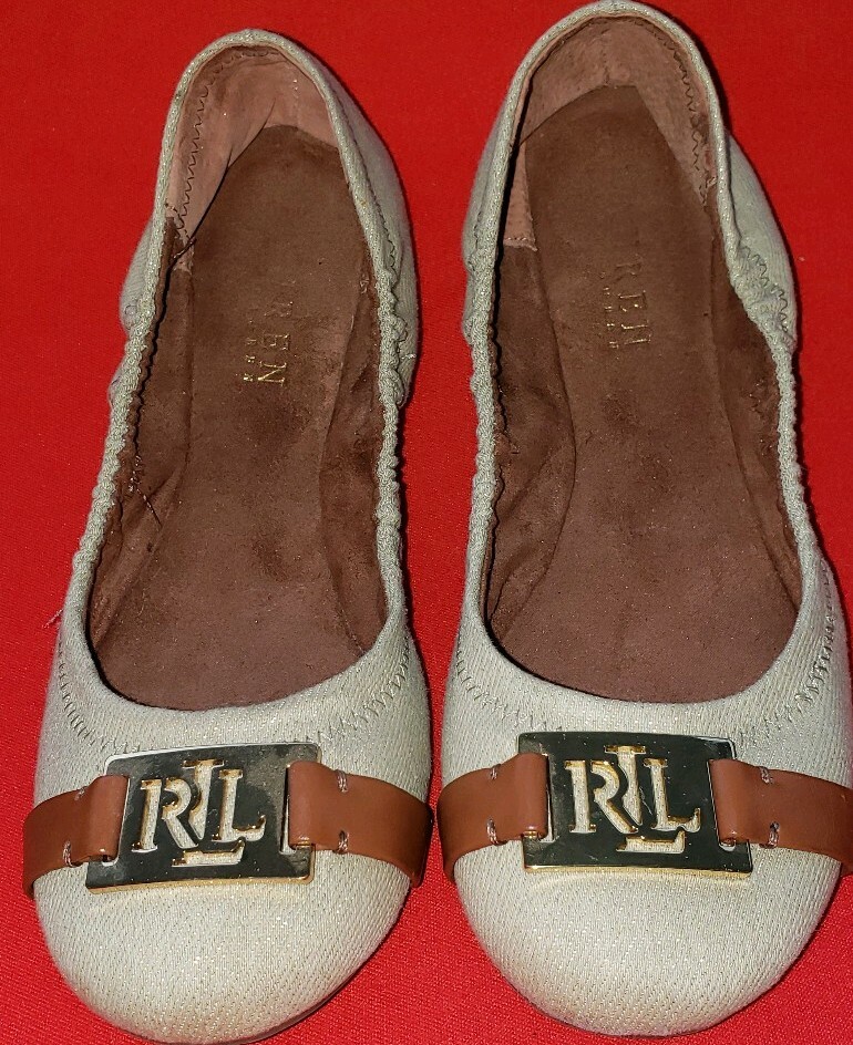 PANTOFOLA D’ORO Ballerine da donna Ralph Lauren 6 5 B cachi glitter tela simbolo RLL davanti