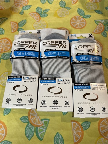 Copper Fit Unisex-Adult's Crew Sport Socks 2 Pack White -Size Small/Medium - NEW