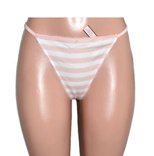 VICTORIA'S SECRET Pink White Stripe Cotton V-String Thong Panty Size L New