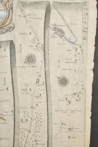 Antiq. Mappa John Ogilby del XVII secolo colorata a mano Kings-lyn Norwich Yarmouth incorniciata - Foto 5 di 10