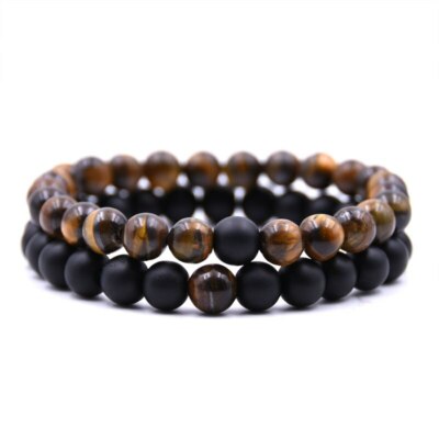 2 Armband hochwertig natürlicher Tigerauge Achat & schwarzer Onyx Stein Yoga Perlen UK Verkäufer