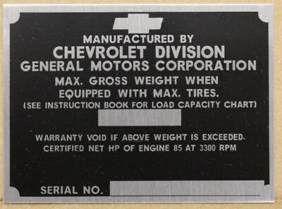 SERIAL NUMBER CHEVY ID TAG CHEVROLET DATA PLATE CUSTOM IDENTIFICATION ...
