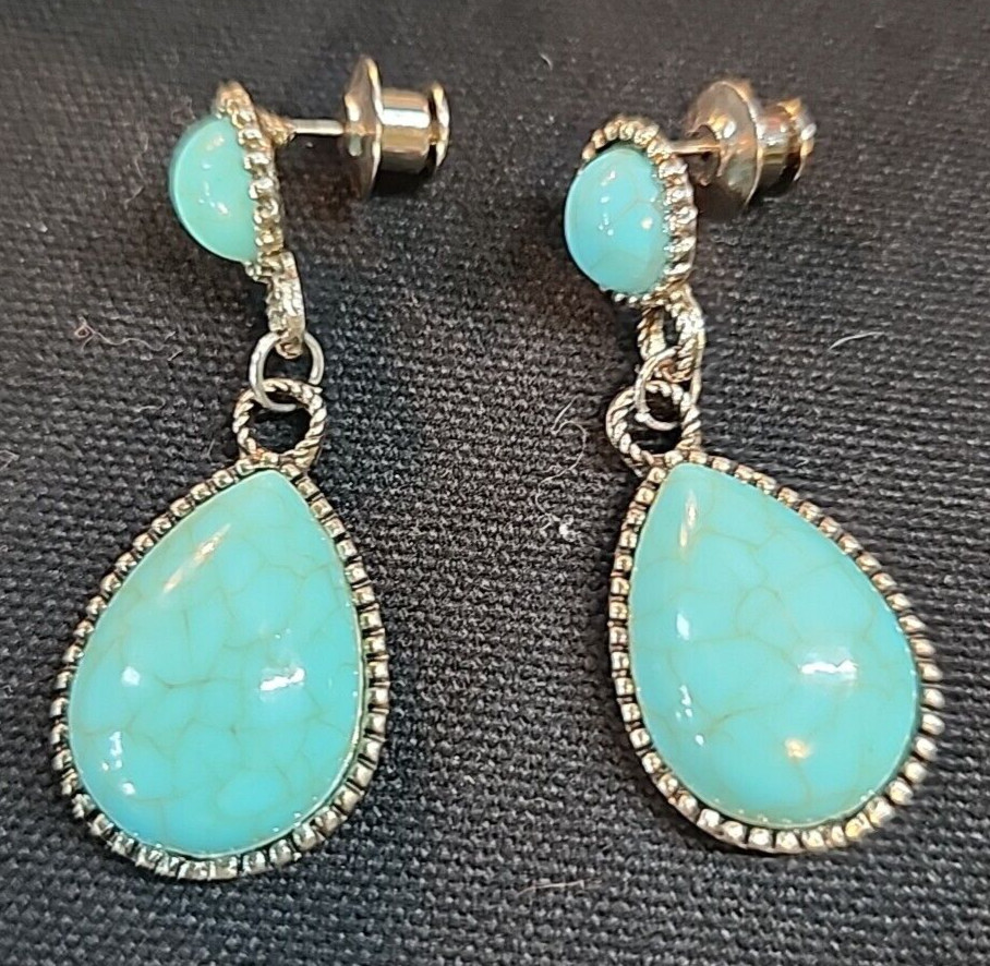 Silver Gemstone Turquoise Stud Dangled Earrings - image 1