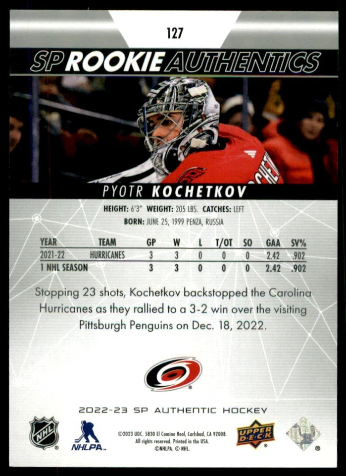 2022-23 SP Rookie Authentics Pyotr Kochetkov /399 #127 - Image 2 of 2
