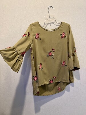 John Mark Olive Green Boho Top Embroidered Flowers Bell Sleeve Women s Size S