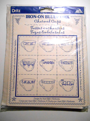 Vintage DRITZ Iron-on BLUEWORK Transfers CHARMED CUPS Teacups 9 Designs