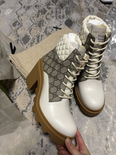 GUCCI 41 quilted Leather GG canvas TRIP logo platform Combat ankle Booties NIB - Picture 2 of 8