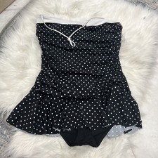 Chaps Tummy Slimmer Ruched Swimsuit Sz 16 Black & White Dot $88 Skirted Dress