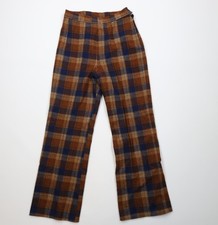Vintage 60s Streetwear Womens 26 Wool Wide Leg Bell Bottoms Pants Plaid USA