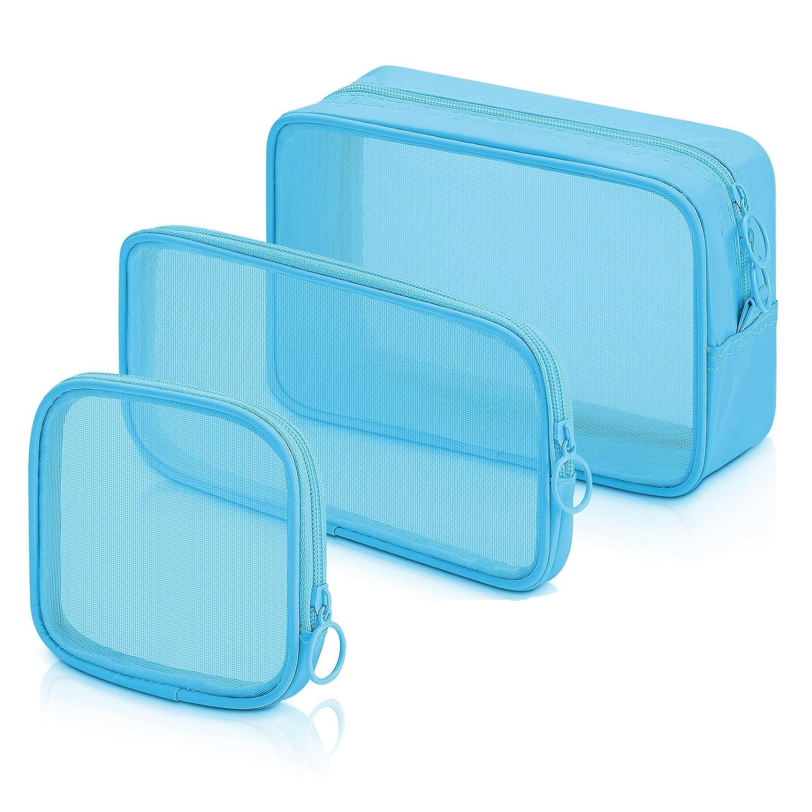 3Pcs Mesh Cosmetic Bag, Makeup Bag Portable Travel Organizing Pouch Blue