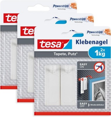 tesa Klebenagel für Tapeten und Putz 1kg im (3er Pack) - Selbstklebende Nägel