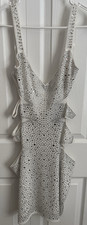 AKIRA White  Silver Rhinestones Studded Cut Out Mini Lined Dress Medium NEW