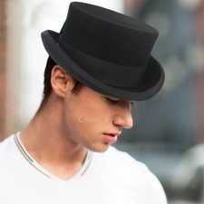 Classic Black Short Crown Wool Felt Top Hat for Men  Women, Removeable Feather
