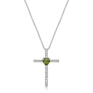 925 Sterling Silver 4MM Heart Shaped Peridot Cross Pendant with 0.01 cttw Diamon