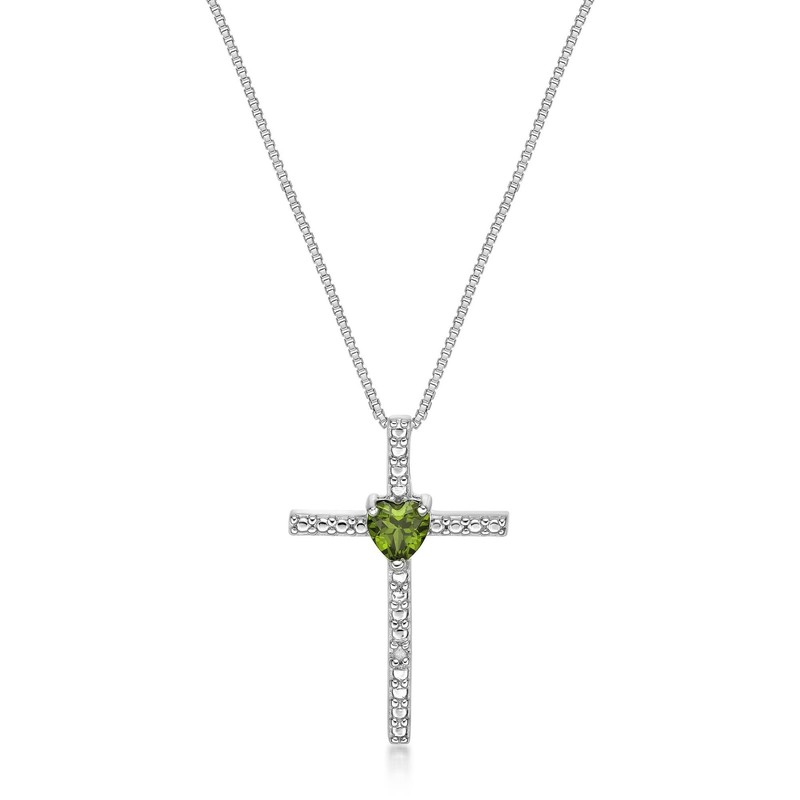 925 Sterling Silver 4MM Heart Shaped Peridot Cross Pendant with 0.01 cttw Diamon