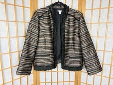 Chico's Tweed Metallic Open Front Jacket Collarless Gold Fringe Size 2